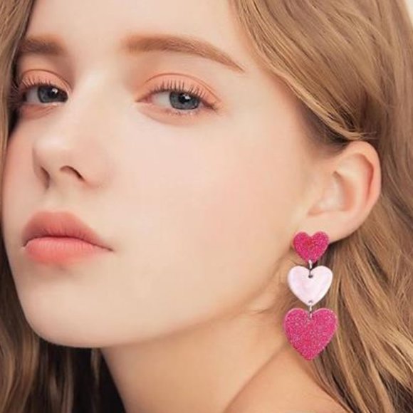 Heart Earrings Dangle Drop Dangling Ladies Girl Pink Valentines Jewelry Gift - Picture 6 of 10